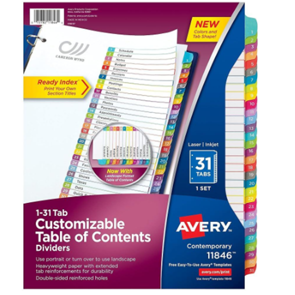 1-31 Number Tab Binder Dividers 11846