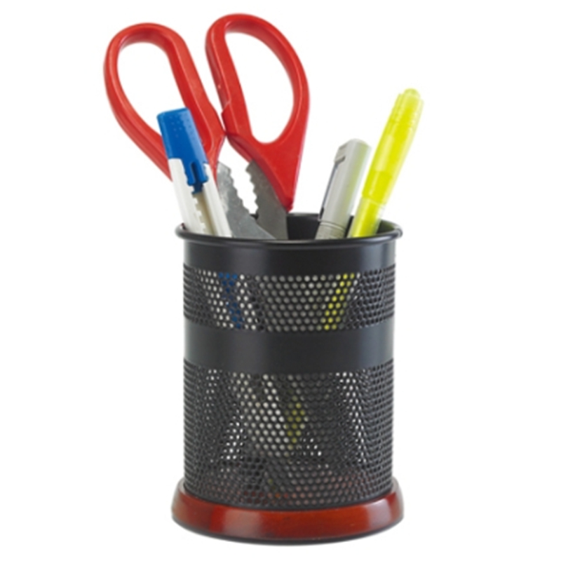 Mesh Pen Holder Wood Bottom